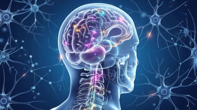A human brain with neural activity, skeleton, and head anatomy for medical, science and learning visualizations, 4K video