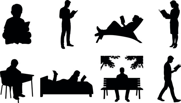 Silhouettes of People Reading Books in Diverse Positions and Environments