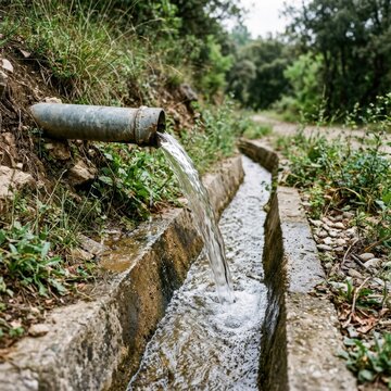 Clear water flowing from pipe into stone ditch.