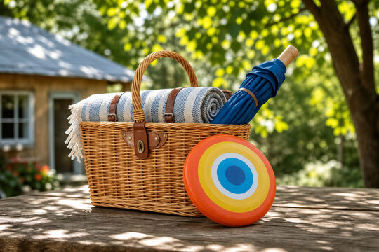 Woven picnic basket with blanket, umbrella and frisbee, summer leisure bundle concept.