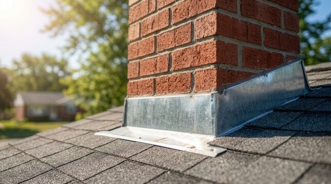 Red brick stack chimney with flashing on a tiled roof during a sunny day