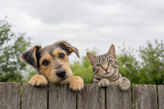 Dog and cat heads above wooden fence, pet togetherness concept
