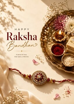 Raksha Bandhan Festival Greeting with Rakhi, Diya, Sweets and Pooja Thali
