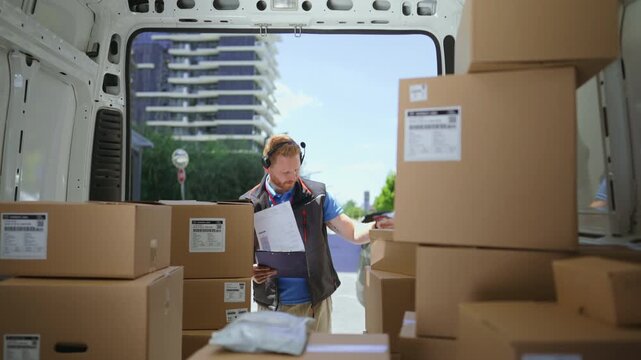 A delivery worker sorts through boxes inside a van. The worker wears headphones while checking documents. Buildings are visible in the background.