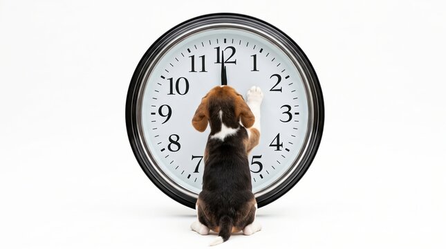 beagle puppy reaching toward a large analog clock on a white background, concept of time, waiting and deadlines