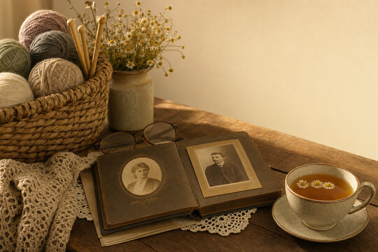 Woven basket with yarn, knitting needles, vintage photo album and chamomile tea, nostalgic hobby and storytelling concept