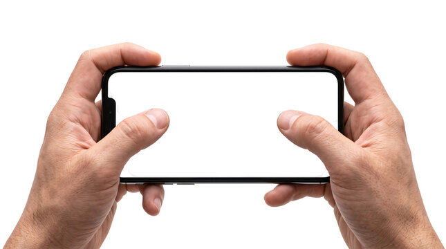 Two hands holding a smartphone horizontally for png isolated on transparent background