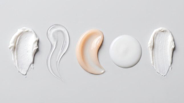 Diverse cosmetic product swatches displaying various textures of skincare creams, gels, and lotions. Ideal for beauty product showcasing and ingredient concepts