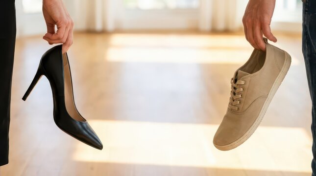 Black high heel and beige sneaker held over wooden floor for foot health awareness banner and footwear comparison poster design. Copy space