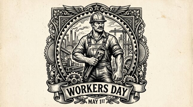 Vintage Industrial Worker Illustration for Workers Day Celebration.