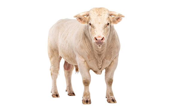 White charolais bull standing on a white background, png isolated on, transparent background