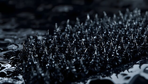 Close-up of a ferrofluid forest mimicking intricate botanical forms on a dark obsidian base.