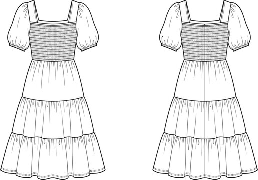 Flat sketch technical illustration of smocked bodice tiered midi dress front and back view