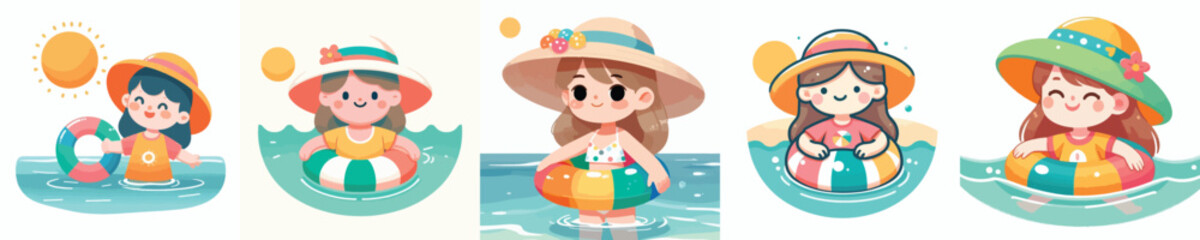 Naklejka premium Flat vector illustration of a little girl swimming at the beach in summer