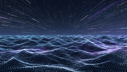 Naklejka premium A panoramic abstract ocean made entirely of luminous digital waves. Each wave consists of tiny floating polygons that shimmer and flow with synchronized rhythm. Above the surface, fast light particles
