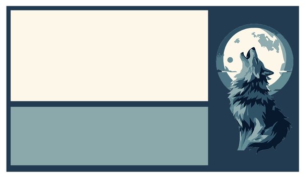 Vector illustration design of a wolf howling at the moon in cool colors.