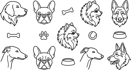 Obraz premium Dogs and Pet Items Illustration with Various Breeds and Accessories Featuring Dog, Breed, Bone with Paw