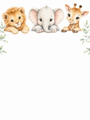 Obraz premium Cute watercolor safari animal frame with lion, elephant and giraffe surrounded by green leaves creating a charming border with copy space for baby shower invitations and nursery designs