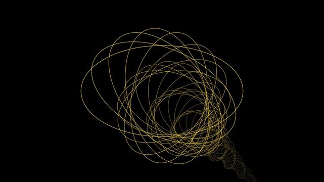 Golden abstract wireframe spiral evolving in dark void with subtle light and motion