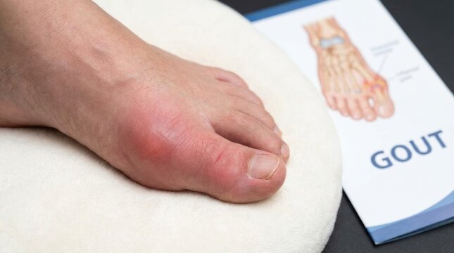 Debilitating foot condition: gouty inflammation, painful symptom, uric crystal, joint agony, body affliction, medical diagram, toe discomfort, human anatomy, severe ache.