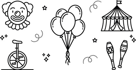 Circus and carnival entertainment vector line icon set featuring clown face bunch of balloons big top tent unicycle and juggling clubs. © MSTKAOCHARA
