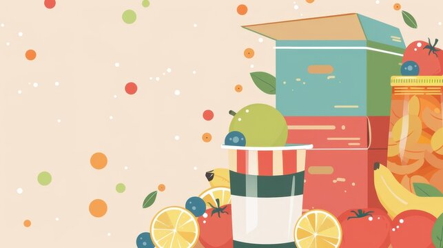 Illustrated food donation box with fruits jars and packaged goods in pastel style for national food bank day poster and background design. Horizontal banner. Copy space. Flat illustration