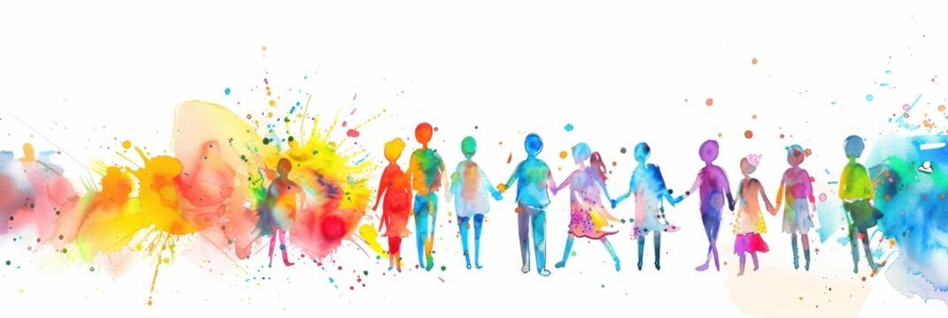 Row of colorful watercolor silhouettes holding hands and hearts for international day of charity panoramic banner background for unity and community events. Watercolor illustartion. Copy space