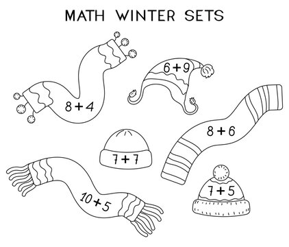 Coloring page math winter sets matching worksheet, educational addition game with hats and scarves for kids 