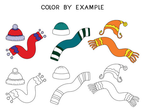 Color by example winter sets worksheet, educational matching game with hats and scarves for kids 