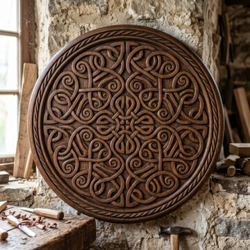 Handcrafted circular wooden panel with intricate Celtic knotwork design.
