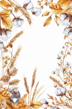 Vertical autumn cotton and wheat frame with golden leaves for seasonal background poster banner and mobile wallpaper design. Vertical banner. Copy space. Wateecolor illustration