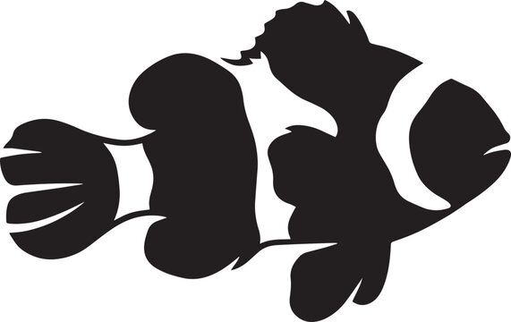 Black and white vector illustration of an isolated clown fish with stripes on its body.