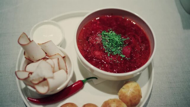 Traditional borsch soup served with smoked bacon, sour cream, chili and bread rolls footage.