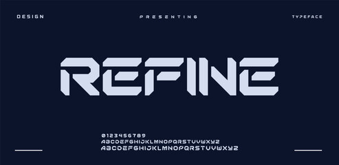 REFINE, Modern abstract minimal logo alphabet font. Typography abstract minimalist sans serif typeface technology, electronic, music, creative logos fonts. vector illustration © minionsXover