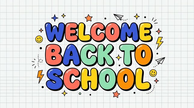Colorful welcome back to school typography design with cute hand drawn doodle elements on lined paper background