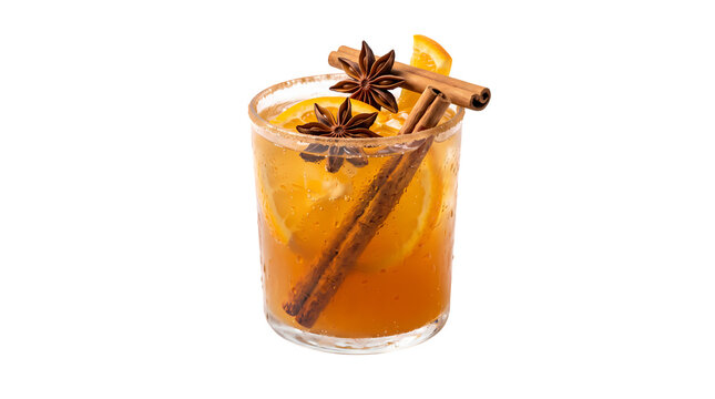 Orange spice cocktail with cinnamon sticks and star anise in clear glass on background.