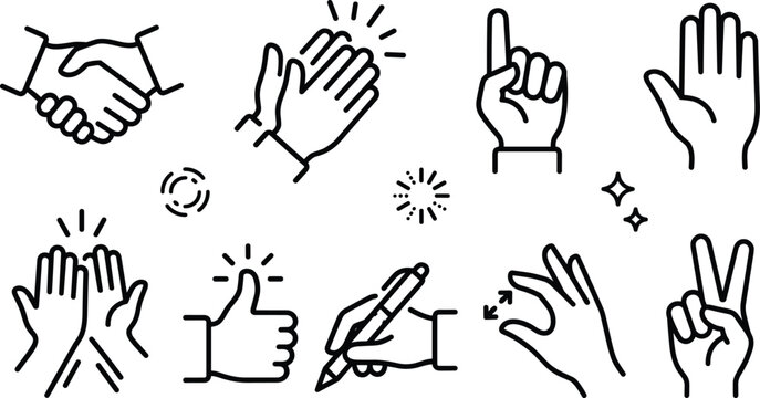 Human hands gestures vector line icon set featuring handshake clapping applause high five thumbs up writing pen pointing finger victory sign and open palm.