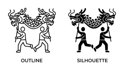 Dragon Dance Icons: Dynamic line art and silhouette illustrations depict people performing a traditional dragon dance, symbolizing cultural celebration and community spirit.