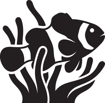 Clownfish swimming in anemone, vector silhouette illustration for marine life themes.