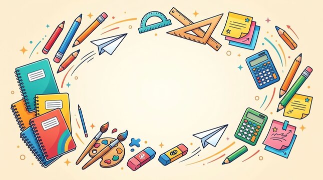 Hand drawn school supplies frame with notebooks pencils and stationery items on a light background