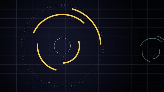 Abstract golden circular graphic elements animate on a dark blue grid background with subtle particle effects