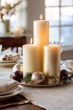 Tall ivory and gold pillar candle trio with decorative baubles and pine for christmas and new year table centerpiece and cozy holiday background