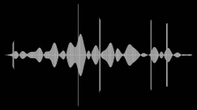 Digital sound wave patterns pulse in bright white against a dark void conveying audio frequency data