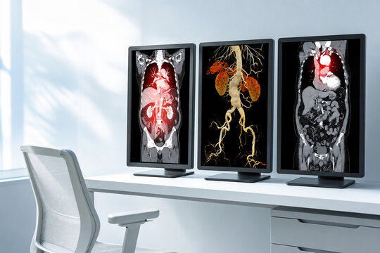 Clinical display showing aortic vascular imaging for clinical review at a modern diagnostic workstation. Generative AI.