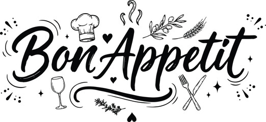 Slats personalizados para cozinha com sua foto Bon Appetit hand drawn lettering typography vector with chef hat wine glass fork knife and restaurant kitchen food elements
