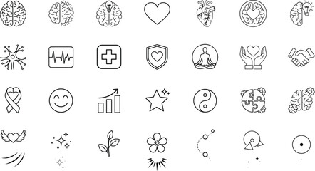 Fototapeta premium Mental health line icons set with brain heart medical symbols and psychology elements for emotional wellness and stability vector