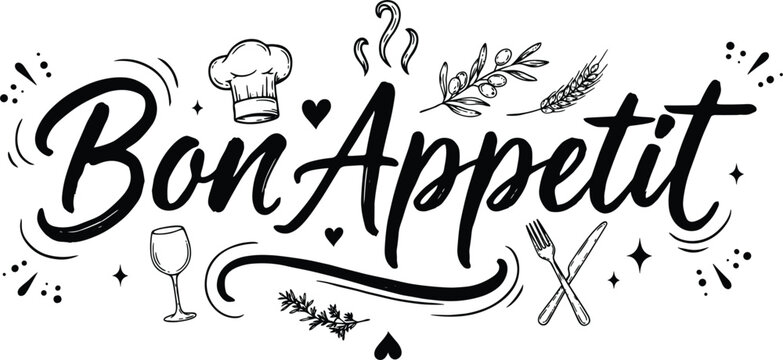Bon Appetit hand drawn lettering typography vector with chef hat wine glass fork knife and restaurant kitchen food elements