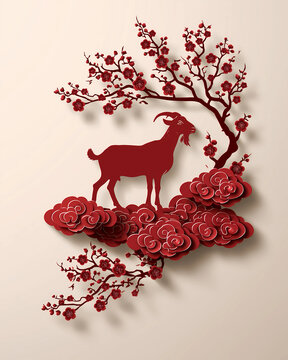 Silhouette of red goat with stylized clouds of good fortune (Xiangyun) and plum tree on rice paper background. 2027 Year of the Goat. Chinese New Year. Paper cut illustration for poster