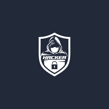 Creative Hacker logo template, icon design with shield and lock key graphic idea for website security, online secure logo vector template, etc