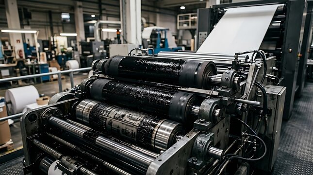 Industrial printing press machine with ink rollers in a factory